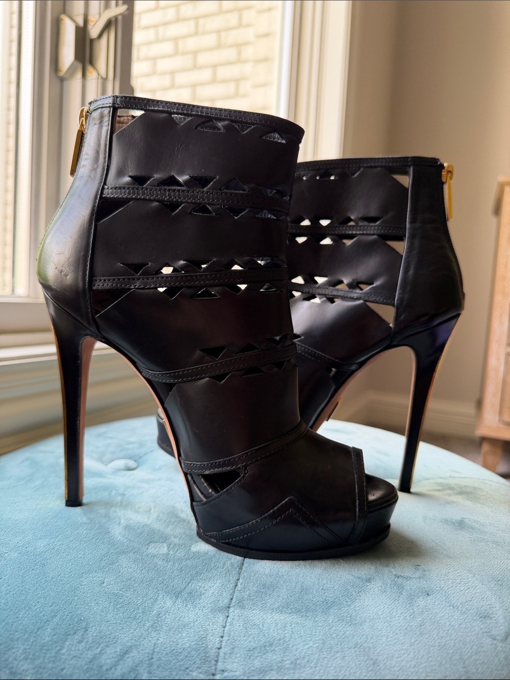 Herve Leger Black Leather Cutout Peep-Toe Stiletto Booties